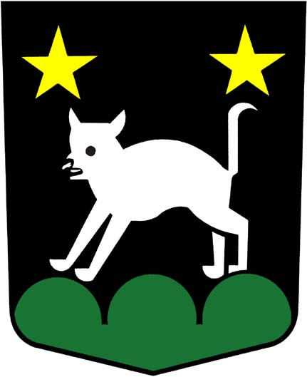 In Schwarz, auf grünem Dreiberg, eine schreitende silberne Katze, im rechten und im linken Obereck überhöht von je einem fünfstrahligen goldenen Stern